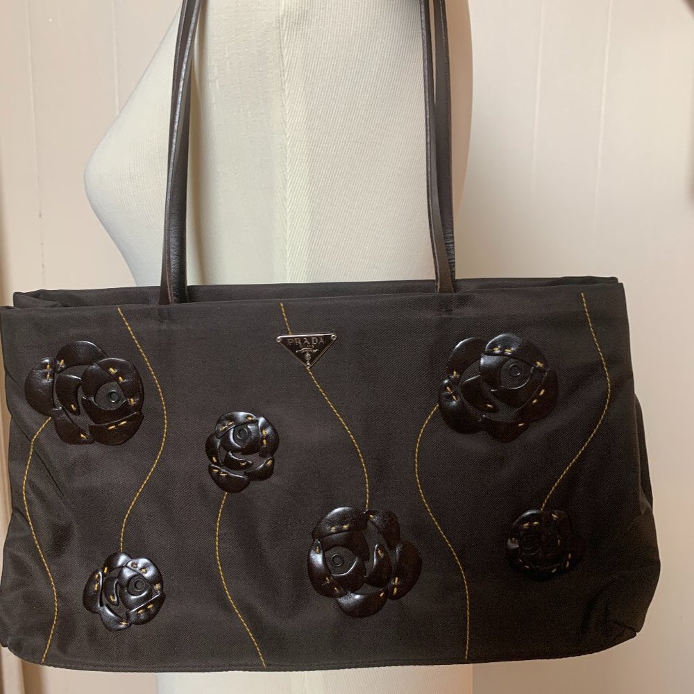 PRADA Vintage 1990s Flower nylon brown floral applique shoulder bag